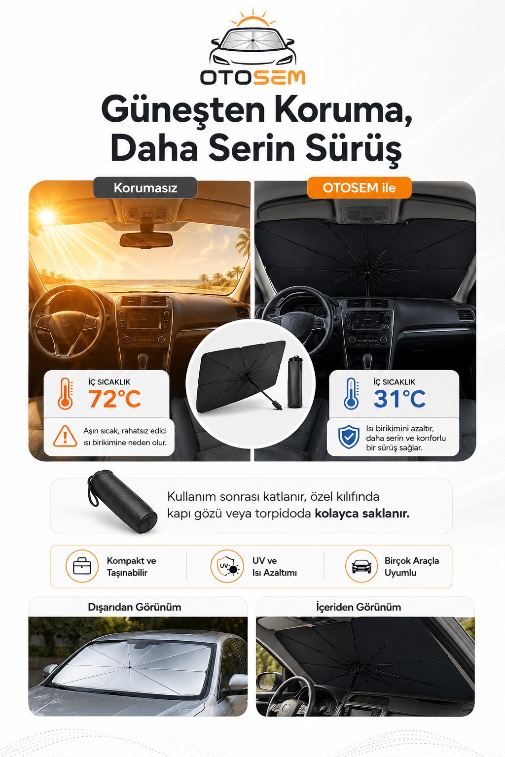 OtoSem™ Katlanabilir Araç Ön Cam Güneşliği – UV ve Isı Koruyucu Şemsiye