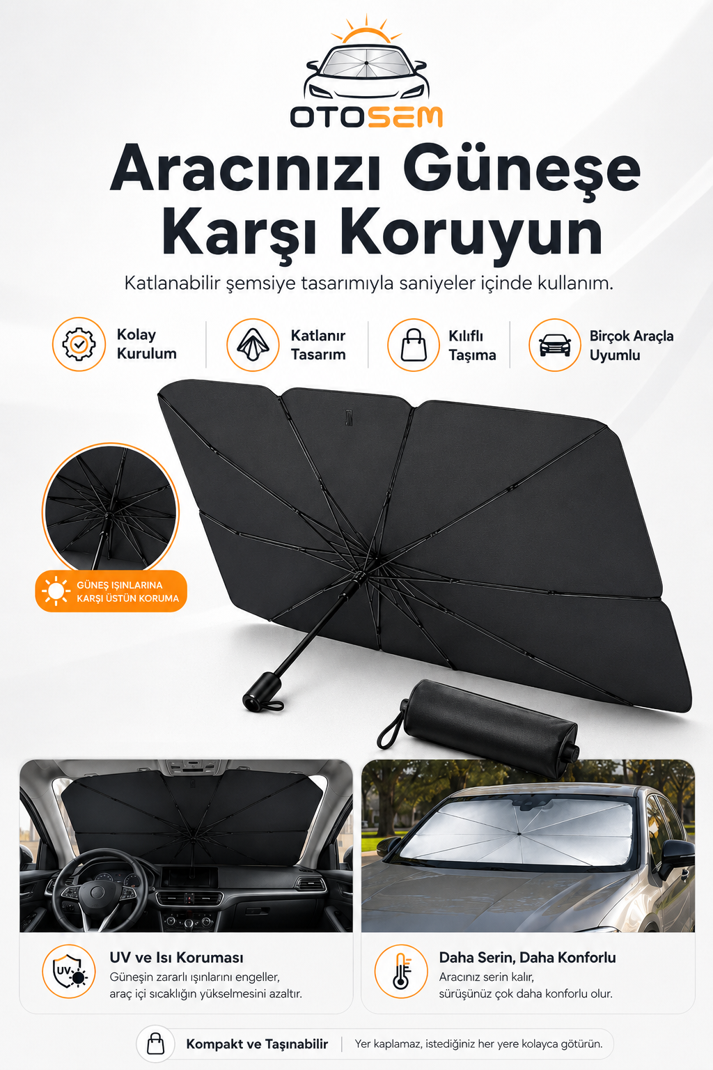 OtoSem™ Katlanabilir Araç Ön Cam Güneşliği – UV ve Isı Koruyucu Şemsiye