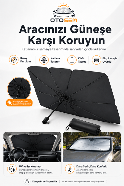 OtoSem™ Katlanabilir Araç Ön Cam Güneşliği – UV ve Isı Koruyucu Şemsiye