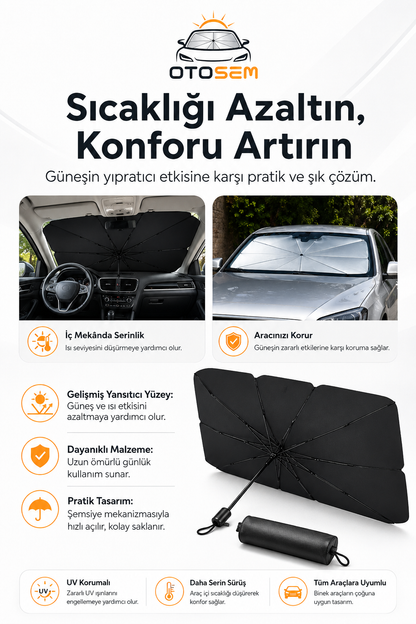 OtoSem™ Katlanabilir Araç Ön Cam Güneşliği – UV ve Isı Koruyucu Şemsiye