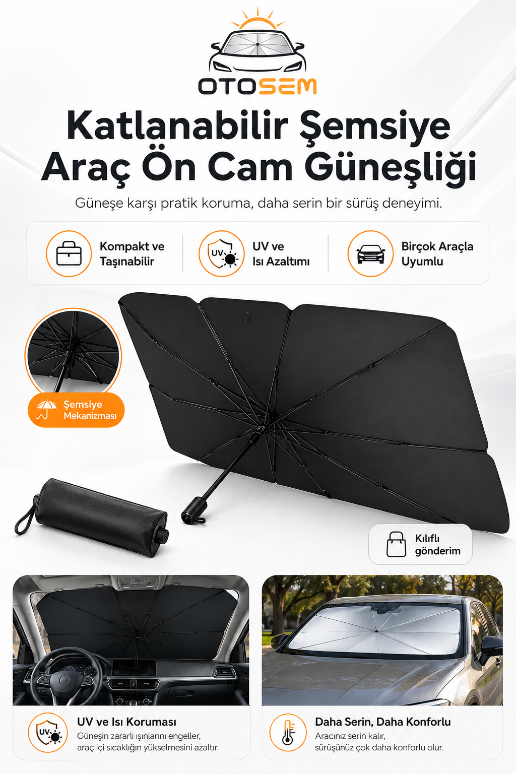 OtoSem™ Katlanabilir Araç Ön Cam Güneşliği – UV ve Isı Koruyucu Şemsiye